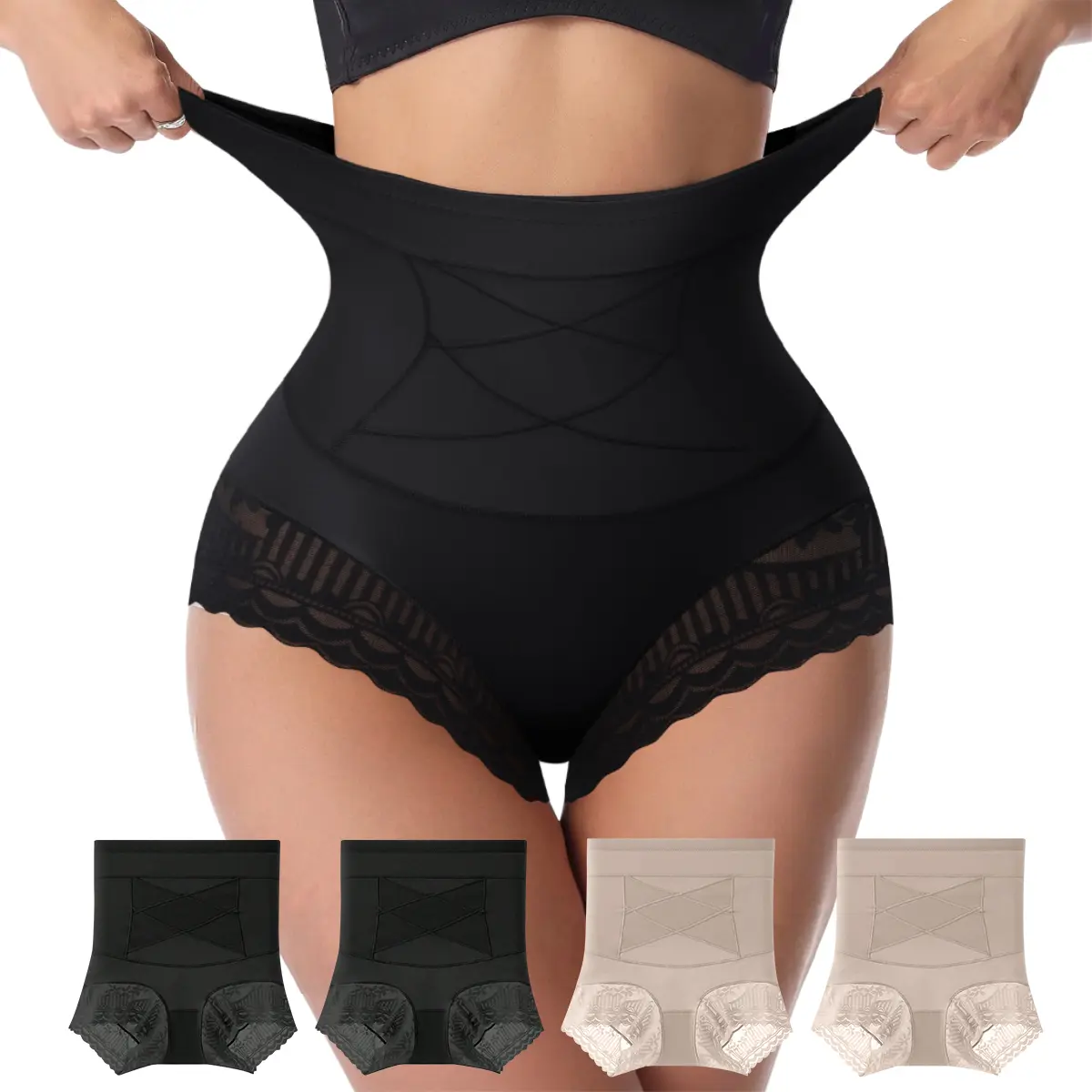 4 Packs High-Waisted Tummy Control Panties, Ultra-Breathable Comfortable for Postpartum Tummy Control Hip Lifting, Contrast Print Lace Edge Women's Panties, S-XXL