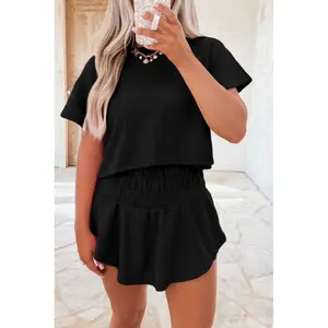 Black 2pcs Cropped Tee and Ruffle High Waist Skort Set Womenswear Casual Minimalist Crewneck Clothes Fitted Shortsleeve