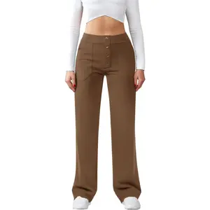Womens Casual High Waist Straight Leg Pants Stretchy Button Business Dress Work Pocket TrousersGift