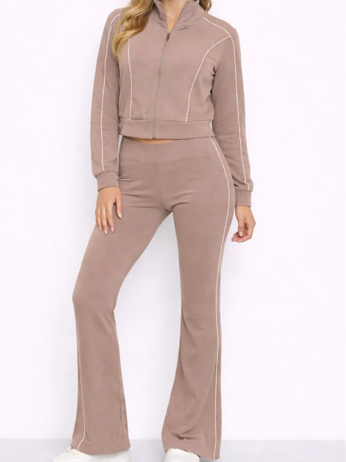 Athletic Track Jacket and Highwaist Leggings Set with Contrast Piping Womenswear