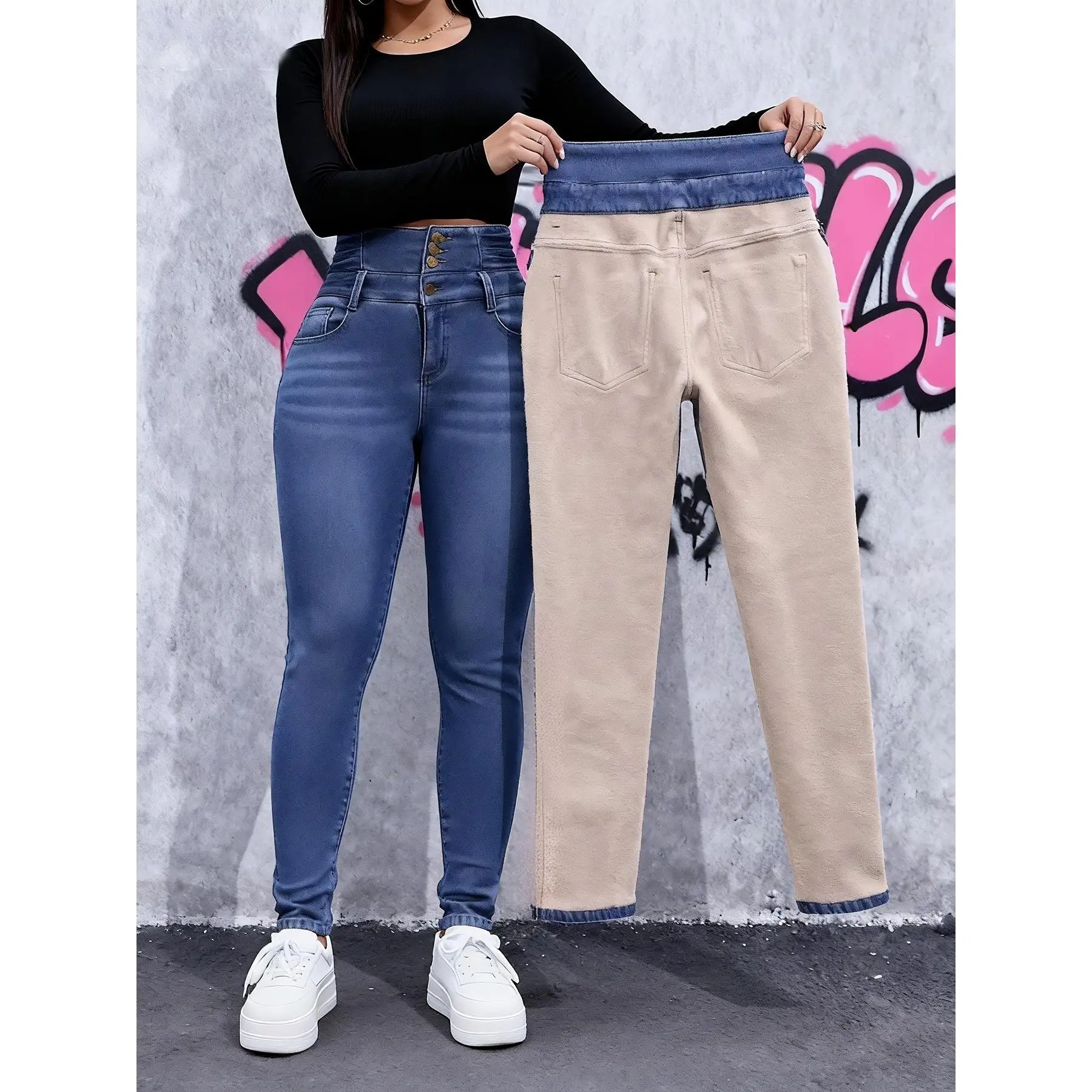 Women's Solid Color Cotton-Elastane Basic Jeans, High-Waist Casual Skinny Fit with Butt-Lifting Design & Multi-Button Closure, Pockets, Machine Wash, Do Not Dry Clean, Bottom