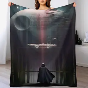 Dark Sci-Fi Space Scene Throw Blanket, Futuristic Starship & Planet Print, Soft Cozy Flannel Blanket for Bedroom Living Room, Perfect Gift for Sci-Fi Lovers