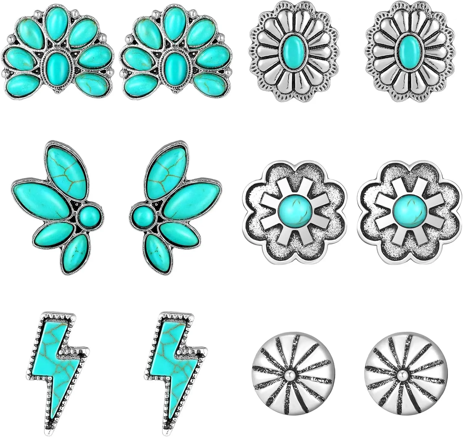 6 Pairs Turquoise Stud Earrings Small Geometric Oval Round Flower Earrings  Cut Shape Square Studs Turquoise