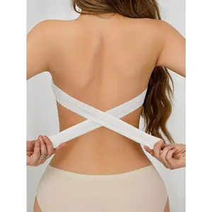 WirelessBoobTubeTopwithSideBuckles,SexyStraplessNylonKnittedFabric-RemovablePadding,CrossShoulderStrapDetails,SolidColorStretchTubeTopforAdults-Nylon75%,Spandex25%
