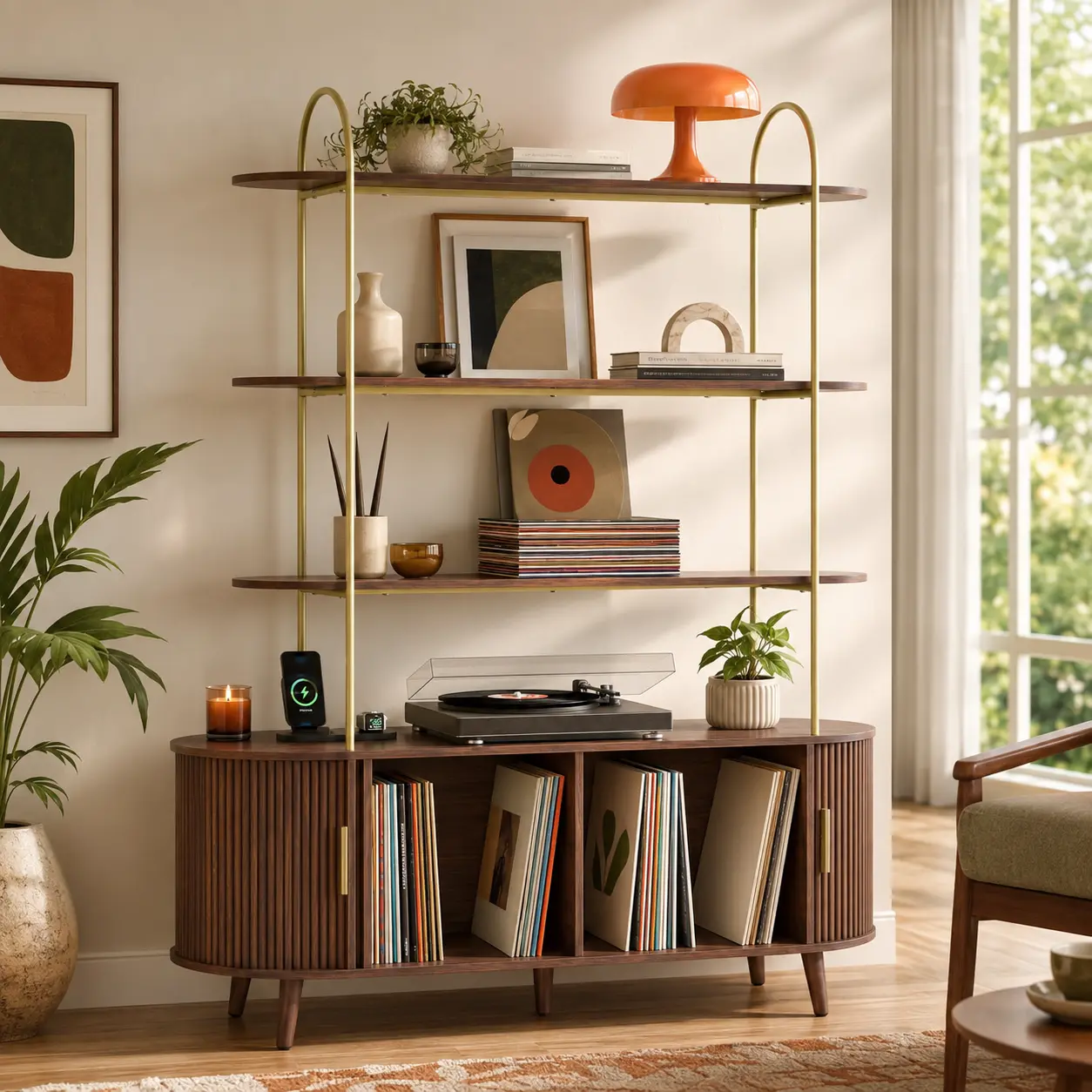 Mid-Century 5-Tier Record Player Stand with Vinyl Record Storage, 4 Open Display Shelves, Sliding Doors, Removable Metal Dividers, Speaker Compartments, 2 AC Outlets, USB & Type-C Ports, Cable Management