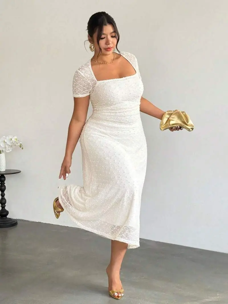 ELIEEN Plus Size Women Elegant White Summer Silky Wedding Guest Dress,Swan Collar Knitted Textured A-Line Jacquard Mesh Lace Graduation Party Date Outfits