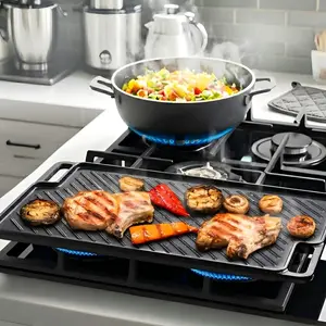 MGKKT Reversible Pre-Seasoned Cast Iron Griddle Plate - Sturdy Thick Black Grill Pan with Oil-Pre-Coated Handles, for Gas Stovetop, Outdoor Charcoal Barbecue, Open Fire, Oven & Portable Wood Burning Stove, Deep Fryer Rack