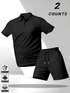 Men's Quick-Dry Breathable Fabric Turn-Down Collar Short Sleeve & Shorts Set, Casual Daily Wear 2-Piece Set, Comfortable Fit for Summer Sports, Collared