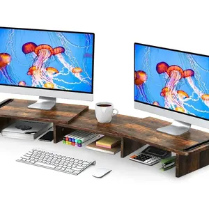 Dual Monitor Stand Riser with Adjustable Length and Angle, Wooden for Desk Riser 2 Monitors Storage