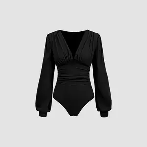 [cider eng test] Cider [8 colors, size 0-26] Jersey V-neck Solid Ruched Bodysuit