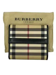 Pre-owned BURBERRY Canvas Wallet Coated Nova Check W/ Black Leather Trim Perfect For Daily Use