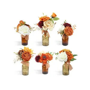 Rinlong Set of 6 Burnt Orange Flower Centerpieces in Amber Vases