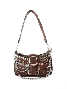 Women PU Leather Hobo Shoulder Bag, Retro Colorblock Crescent Shape, Decorative Chain Design, Y2K Style, Fashion Trendy