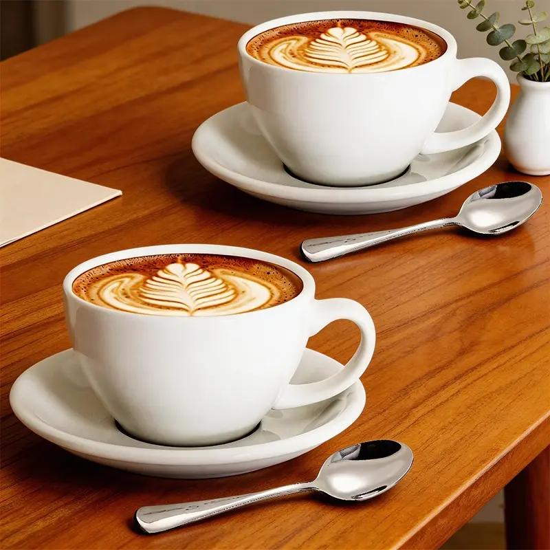 2 Pack Ceramic Coffee Cup with Saucer and Spoon, 7oz/220ML Set Coffee Drinkware for Cappuccino, Coffee Latte, Tea, Perfect Gift for Coffee Lovers