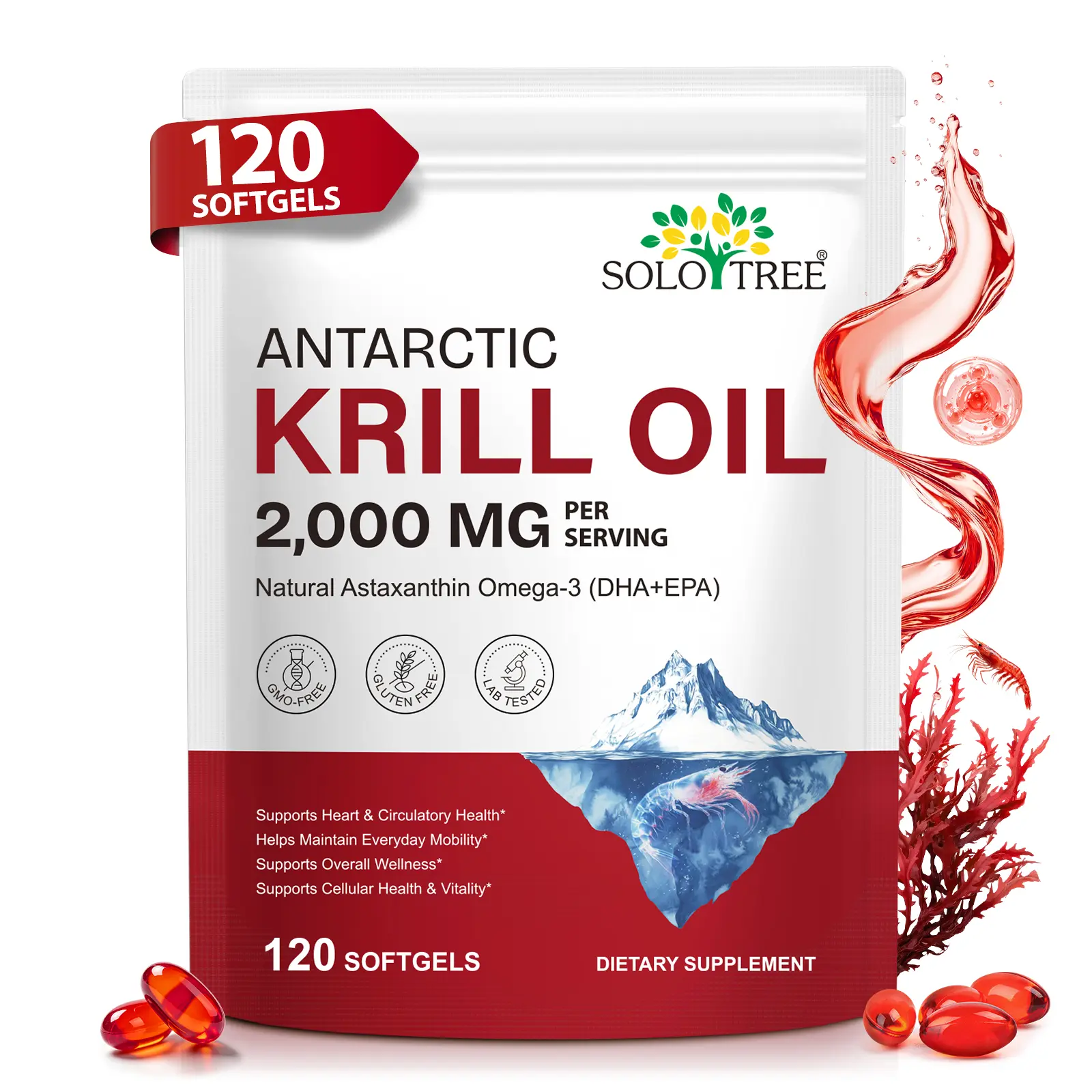 Antarctic Krill Oil 2,000 MG Per Serving 120 Softgels Natural Astaxanthin Omega-3 DHA+EPA Dietary Supplement