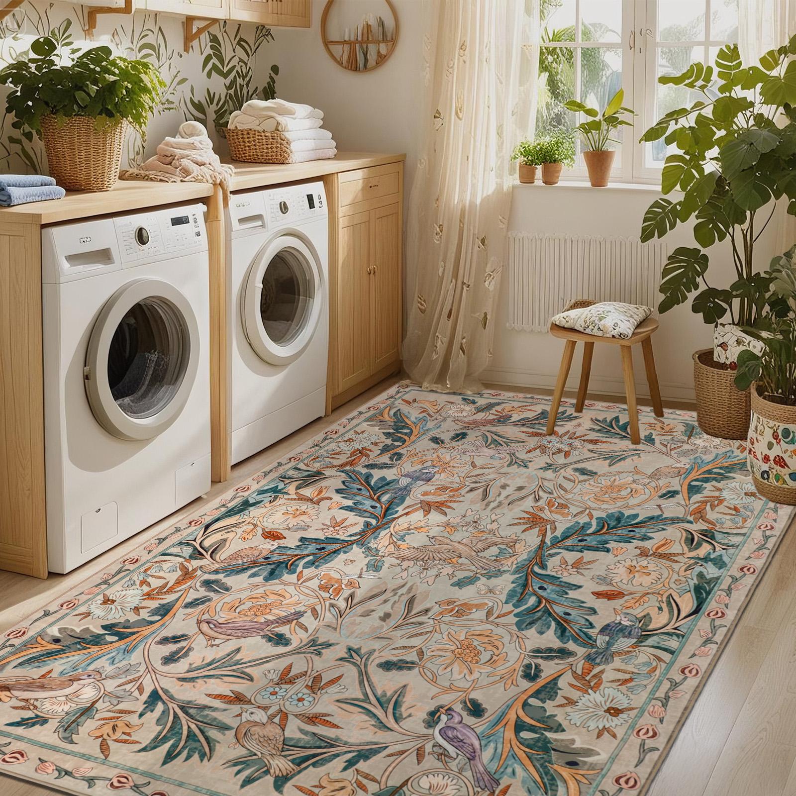 Geanup Washable Bird Rug Non Slip, Soft Boho Floral Kitchen Laundry Rug with Rubber Backing, Low Pile Runner Rug for Entryway Bedroom Living Room Bathroom