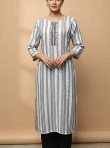 Elegant Grey & White Striped Kurti Set with Embroidered Details & 3/4 Sleeves for Women (2PS-15 ) Sizes : Medium /LargeL