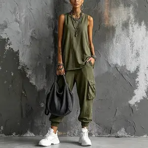 Women's 2-Piece Summer Solid Crewneck Sleeveless Tank Top & Cargo Pants Set - Loose Workwear Outfit with Side Pockets, Cuffed Ankles, Street Retro Casual Style