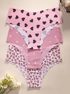 Women's Seamless Fitted Heart Print Panties, Ice Silk Adhesive Craftsmanship, Wave Hem Non-Fray Design, Breathable Skin-Friendly Triangle Briefs