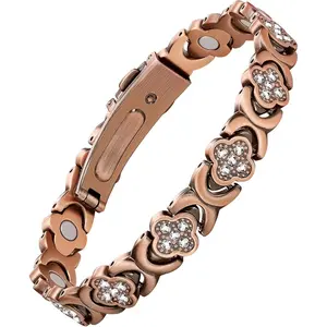 Women's pure copper bracelet, super magnetic therapy bracelet, contains neodymium magnets and sparkling cubic zirconia, adjustable, clover-shaped jewelry, exquisite small gift, holiday present