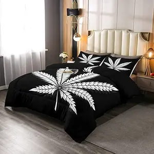 Cannabis Theme Botanical Pattern Decorative Microfiber Bedding Set, Black White Designer Comforter, Luxury Duvet Set