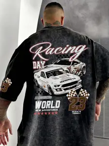 Men's Racing Day Vintage Race Print Washed Old T-Shirt, Y2K Street Style Casual Top, Pure Cotton for Street & Daily Wear