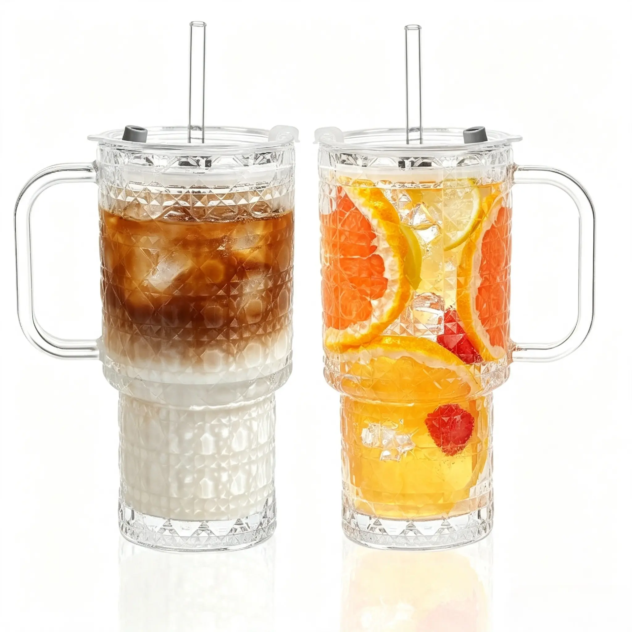 2-Piece Modern Thick Glass Tumbler Set (17oz/26oz Ribbed) with Handle, Lid & Straw - Spill-Proof Reusable Glass Bottles for Coffee, Cold/Hot Drinks - Ideal for Home, Office, Travel