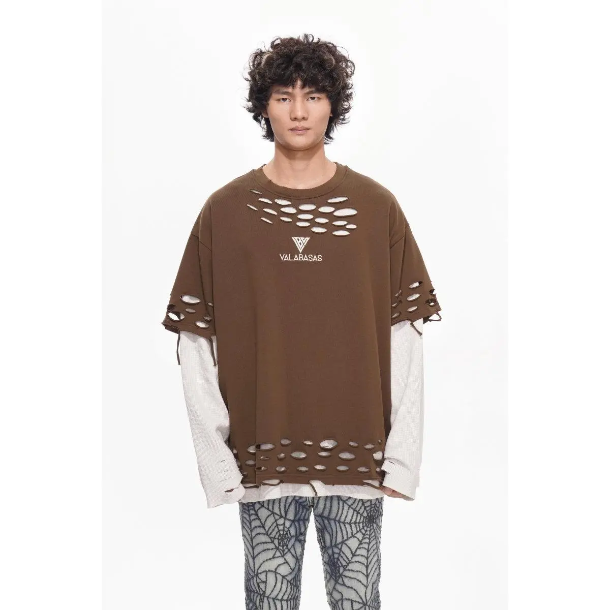 Men's Baggy Oversized Pullover Sweater, Distressed Streetwear Knitwear with a Layered Long Sleeve Thermal, Front Cutouts and Frayed Look, Baggy Oversized Men's Pullover, Fashion Men's Pullover