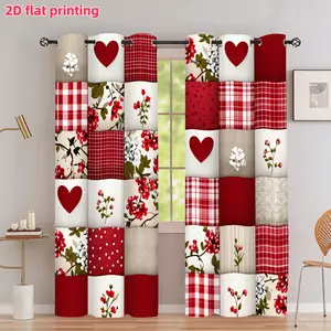 2D Flat 2Pcs Red Gingham Heart Patchwork Print Curtains, Rustic Floral Pattern Drapes, Semi Sunshade Window Treatment, Perfect for Home Living Room Bedroom Kitchen Study Farmhouse Decor, Anti Privacy Accessory