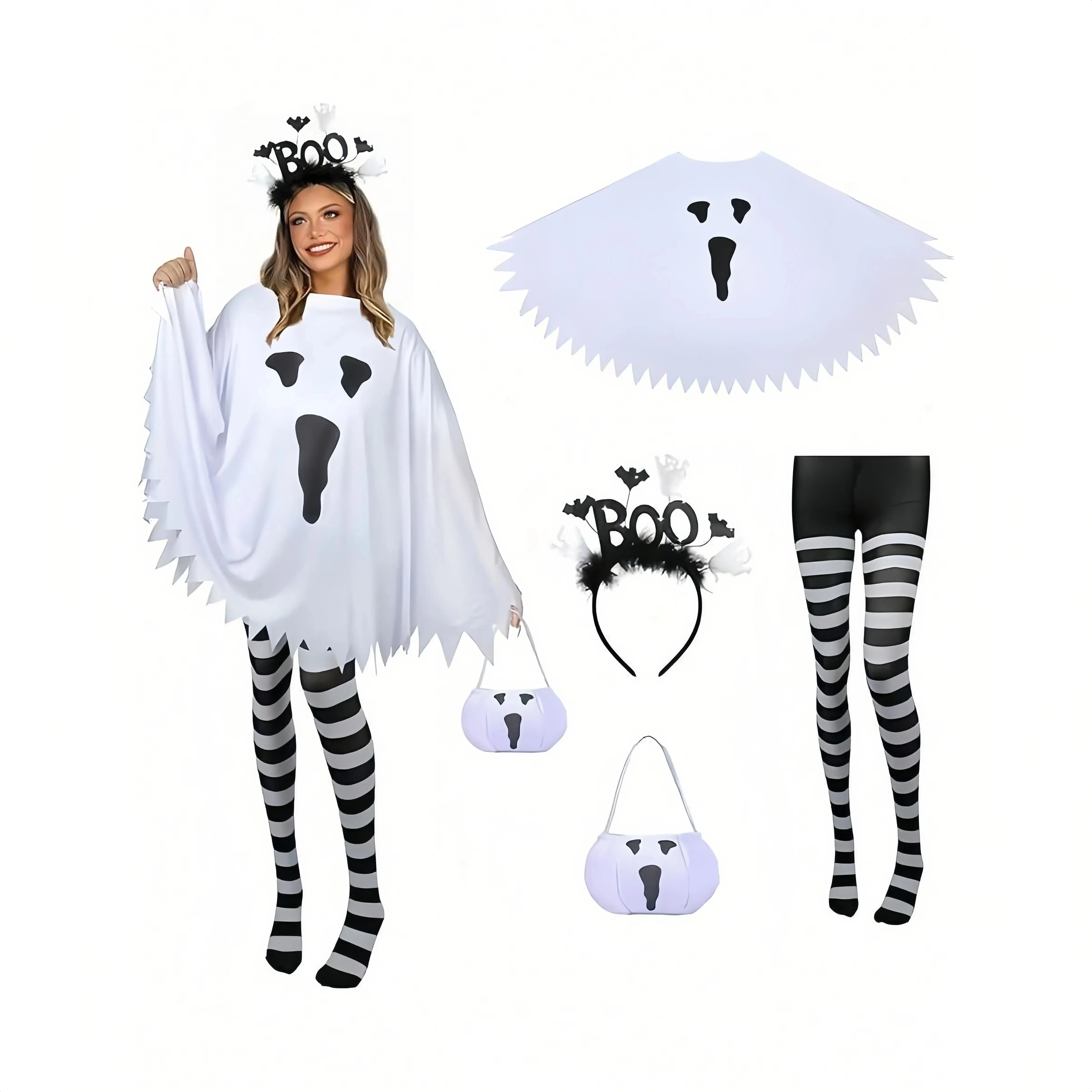 Women's Halloween Ghost Costume Set - 3-Piece Lady Clothes with Flared Tunic, Striped Pants, Boo Headband Accessories, Scallop Hem for Halloween Cosplay, Festive Party Candy-Giving Events, Fabric