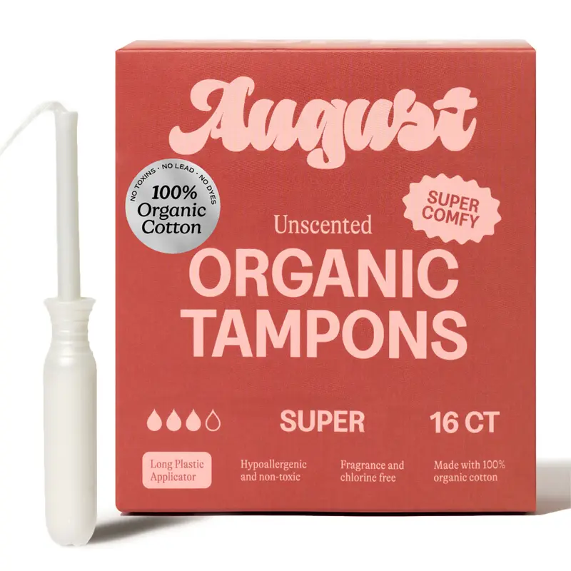 August Super Tampon Zero-Feel Organic Cotton Hypoallergenic & Unscented 16 Count Long BPA-Free Plastic Applicator