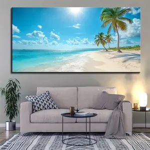 1.5 Inch Thick Solid Pine Wood Frame, Large Eco-Friendly Canvas Print Wall Art, Summer Waves Prints, Coconut Trees, Beach, Seascape Paintings, Hawaiian Sea, Nature Pictures, Framed Living Room, Home Office, Wall Decoration Artwork