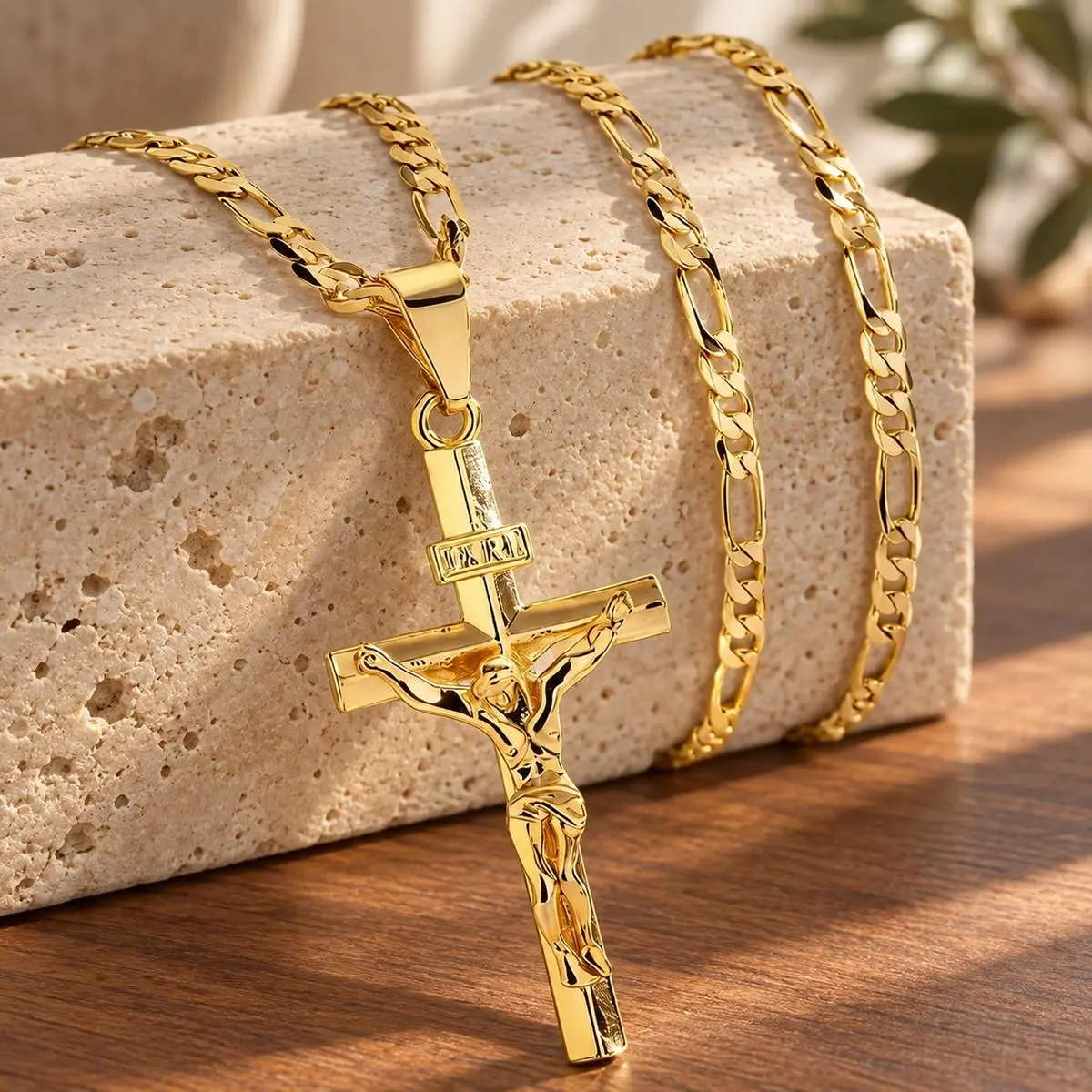 Gold-Plated Jesus Crucifix Pendant Necklace with Figaro Chain, Unisex Faith-Inspired Everyday Jewelry Gift