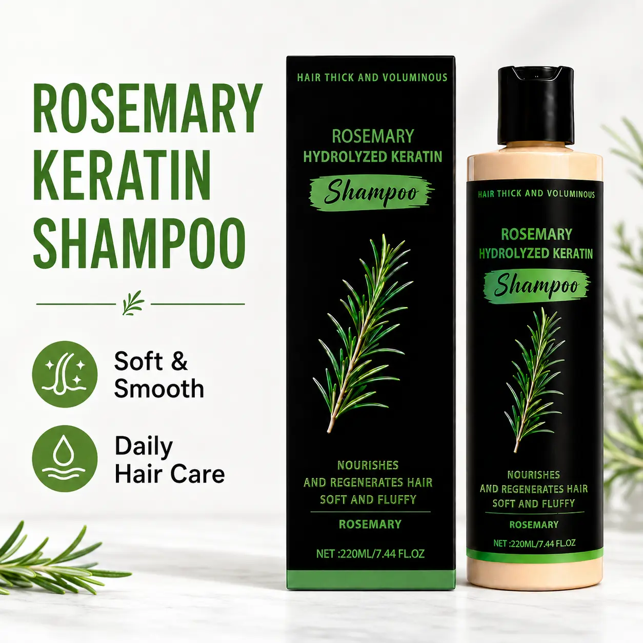Rosemary Shampoo with Hydrolyzed Keratin, 220 mL, Gentle Scalp Cleansing Formula for Fuller-Looking Hair, Scalp Comfort, Softness and Restored Shine