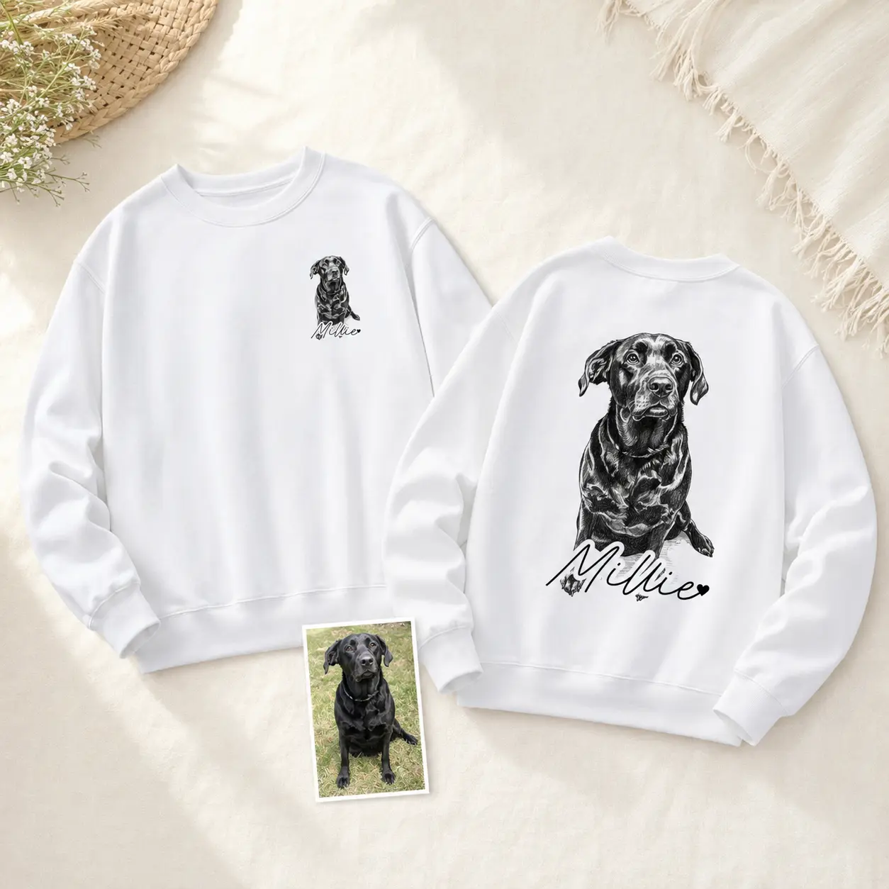 Custom Pet Portrait Sweatshirt, Personalized Dog Photo Crewneck, Front And Back Print, Pet Lover Gift