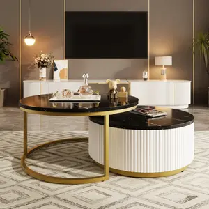 Modern Round Nesting Coffee Table Fluted with Drawer in Black & Gold in 31.5'' summervibes