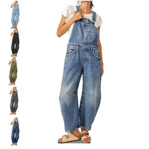 Womens Denim Bib Overalls Barrel Leg Adjustable Strap Jean Pants Jumpsuits with Pockets Womenswear Blouse