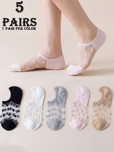 Women's Polka Dot Mesh Invisible Boat Socks, Cute Sweet Style, Breathable Skin-Friendly Anti-Slip, Summer Commute Home Wear, Soft Socks