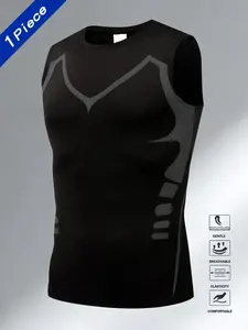 Men's Sport Sleeveless Vest, Tight Sports Vest, Quick-Dry Breathable Cross Slimming Tight Training Elastic Compression Top, Casual Round Neck Polyester Knit Fabric