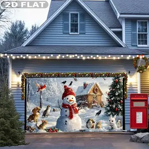 1pc 2D FLAT Extra Large Christmas Festive Backdrops & Banners - Jumbo 71x157 Inch Outdoor/Indoor Decoration with Winter Animals (Snowmen, Birds, Dogs), Snowy House Scene - Heavy-Duty Polyester Christmas Party Decor for Door, Patio, Photo Booth