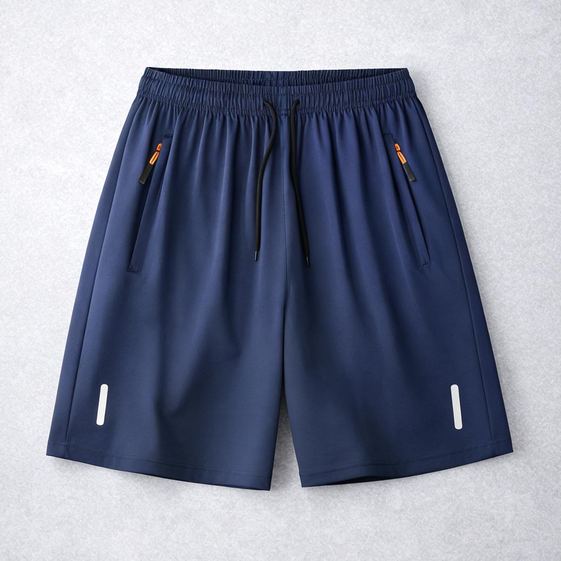 Men’s casual breathable shorts; men’s quick-dry shorts with reflective stripe print; ice silk shorts with zippered pockets; quick-drying, lightweight sports/fitness shorts—ideal for summer leisure and active wear, suitable for significant athletic activit