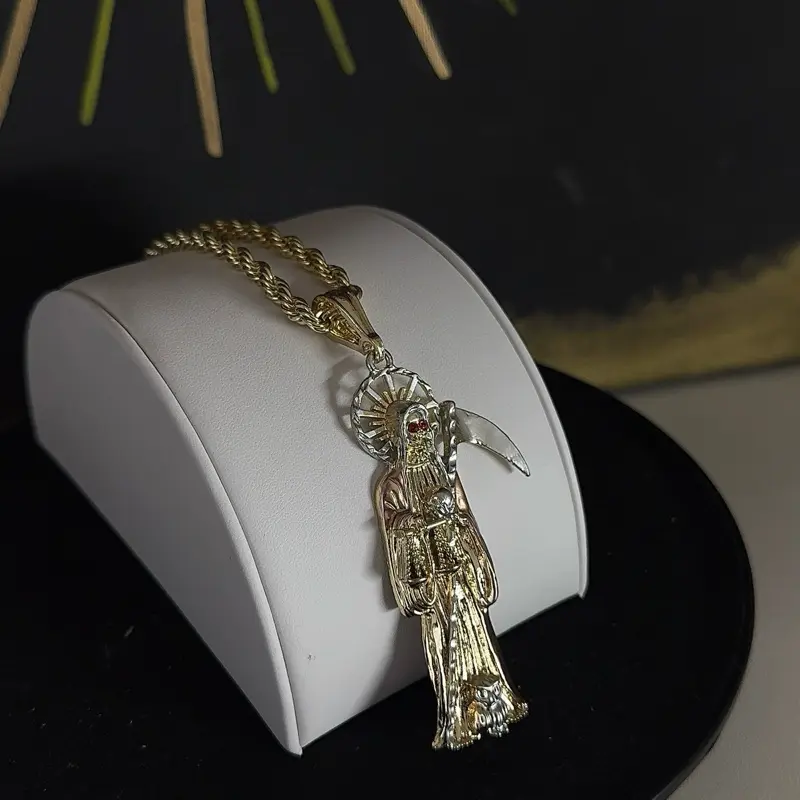 Elegant Unisex 2-Tone Santa Muerte Gothic Spiritual Necklace - Red Eyes, 24in Rope Chain, Latin-Inspired, Mexican Folk Motif, Religious Icon, Gold Plated Pendant, Gothic Charm, Faith-Based Fashion, Ideal for Anniversary Gifting, Figurine, Spiritual Jewelr