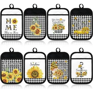8 Pcs Sunflower Pot Holders with Pocket Buffalo Plaid Farmhouse Kitchen Heat Resistant Hot Pad Oven Mitt Cookie Bag Oven Glove for Baking Cooking Kitchen Decoration Gift