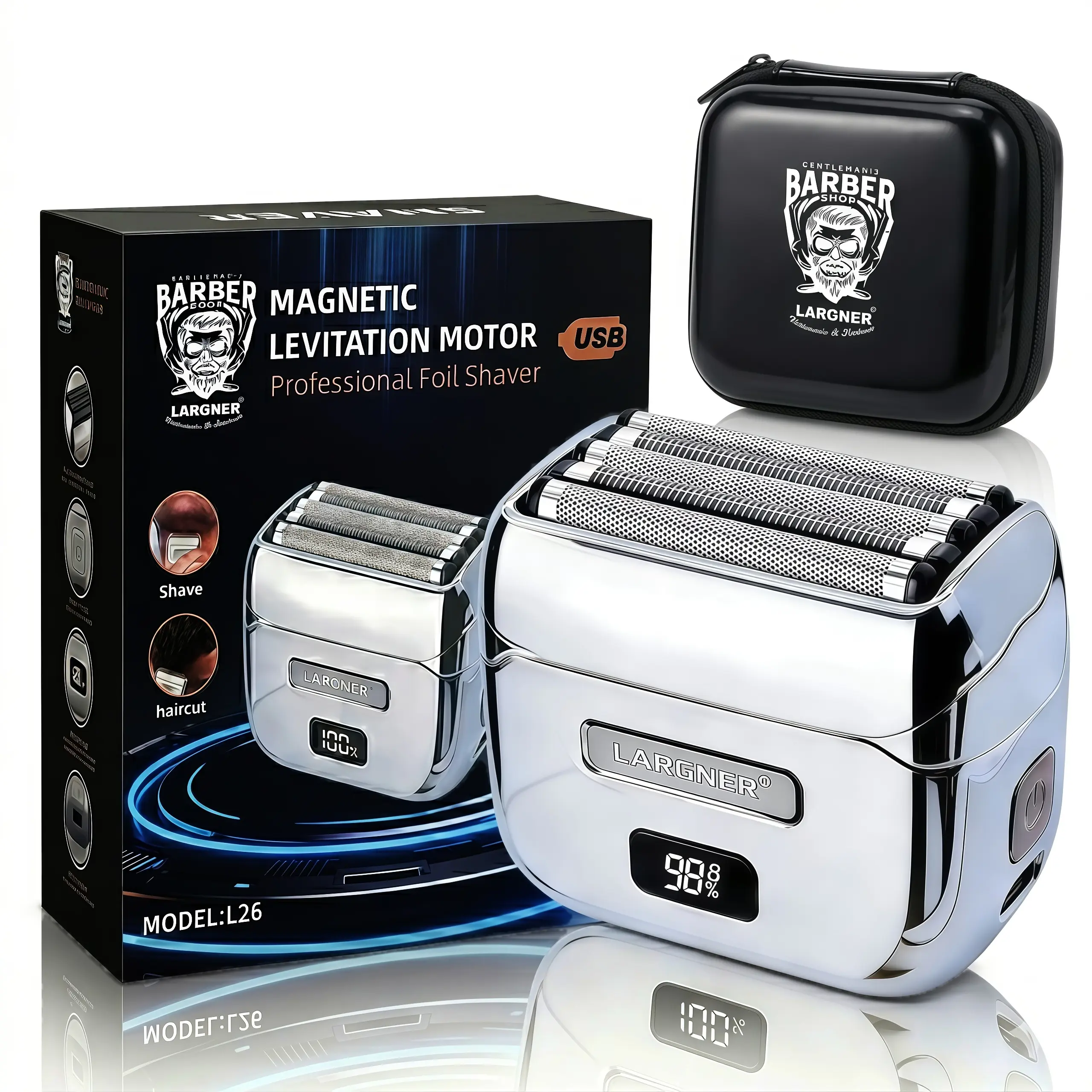 LARGNER Professional Foil Shaver for Men, Magnetic Levitation Motor Electric Razor, USB Rechargeable Barber Trimmer for Shaving & Hair Cutting, LED Power Display, Portable Storage Case Included