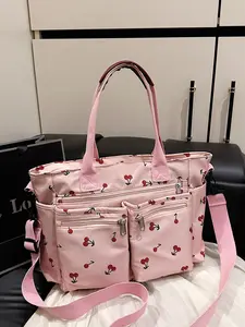 Large Capacity Women's Tote Bag, Pure Color Tote Bag, Cherry Print Zipper, Versatile, Multifunctional Portable Bag, Suitable for College Students, Commute, Travel, Commuter Tote Bag, Patterned Bag, Trendy Commuting Bag, Casual Trendy Bag
