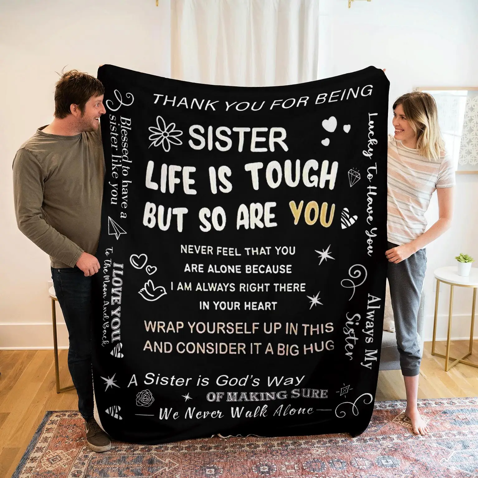 Letter Pattern Blanket for Sisters, Soft Warming Throw Blanket, Cool Bedroom Bedding Blankets, Comfortable Napping Blanket for Home Office Travel, Chr