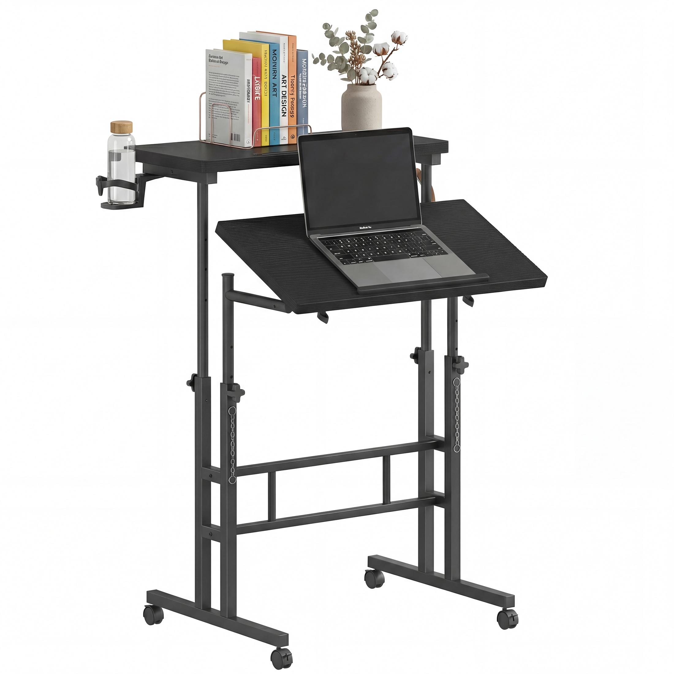 Adjustable Standing Desk , Rolling Sit Stand Desk with Wheels for Walking Pad, Small Mobile Computer Desk for Home Office, Portable Height Adjustable Desk 27.05"-45.28", Black
