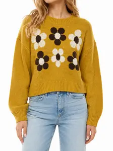 Mustard Floral Knit Sweater – Cozy Crewneck Pullover with Daisy Detail