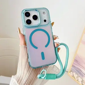 Glossy Chameleon TPU Protective Casing for iPhone 17 Pro Max - Customized Magnetic Shockproof Smartphone Cover with Pink Magnetic Lanyard, Handheld Screen Protector, Outdoor Accessory