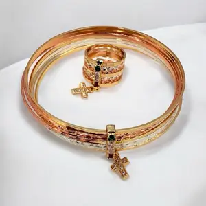 Weekly Set Bracelet & Ring with Cross Pendant Three-tone Finish 14k Gold-plated Colored Zirconia for Everyday Wear or Special Events